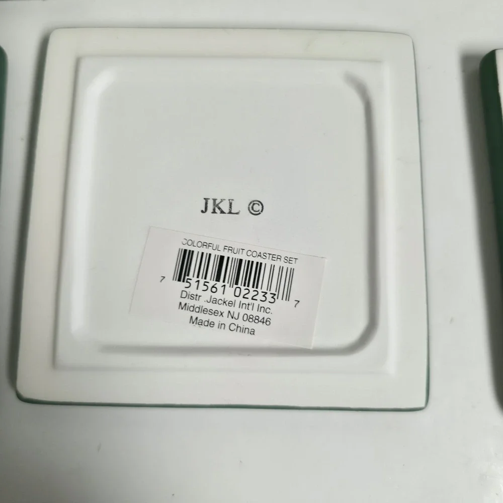 VTG Jackel Int'l Ceramic Fruit Coasters Tile Trivets W/ Metal Holder Set Of 4